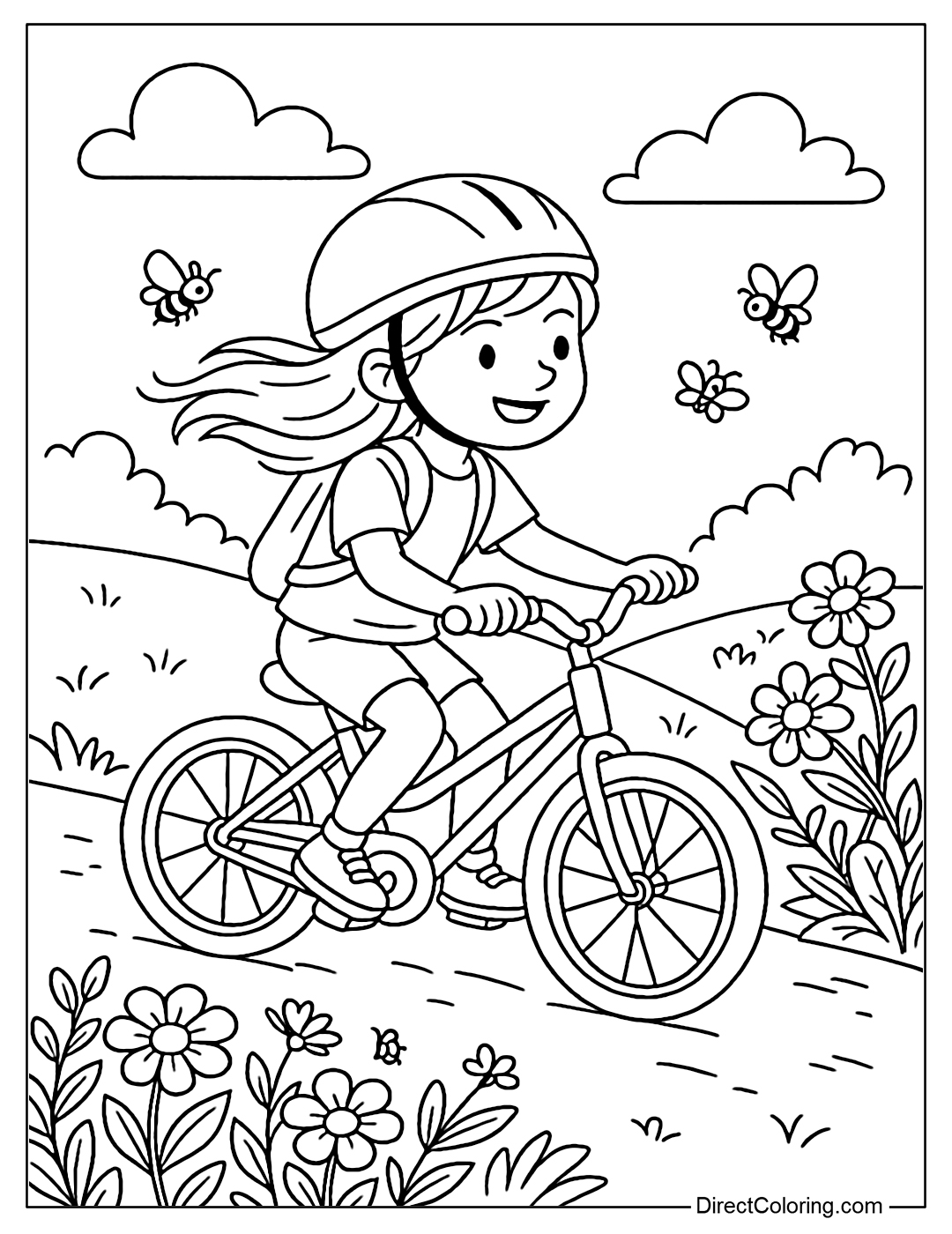 Coloring page of a girl cycling through a flower garden, her hair flying lightly, with bees and butterflies nearby.